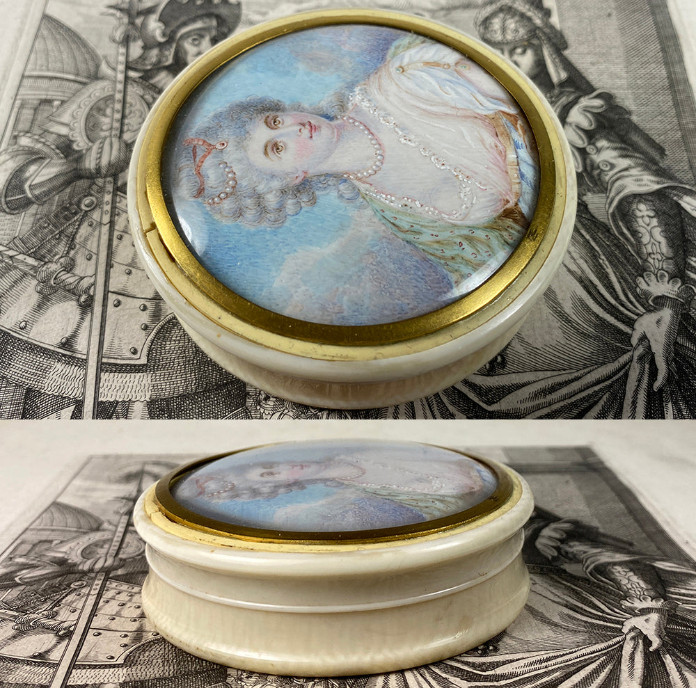 Antique French Portrait Miniature Woman, Louis XVI Era, Ivory Snuff Box c. 1770-1840