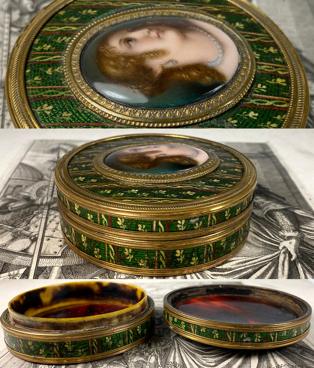 Antique French Vernis Martin Snuff Box, Portrait Miniature Oil Painting on Porcelain