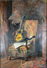 Antique French Impressionist Oil Painting on Board with Chair, Guitar, Some Cubist, Artist Signed Besssede, 1890