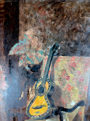 Antique French Impressionist Oil Painting on Board with Chair, Guitar, Some Cubist, Artist Signed Besssede, 1890