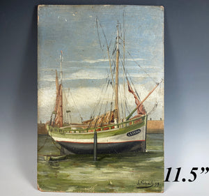 Antique French Small Oil Painting on Wood Panel, Sail Boat, Seascape, Signed by the Artist