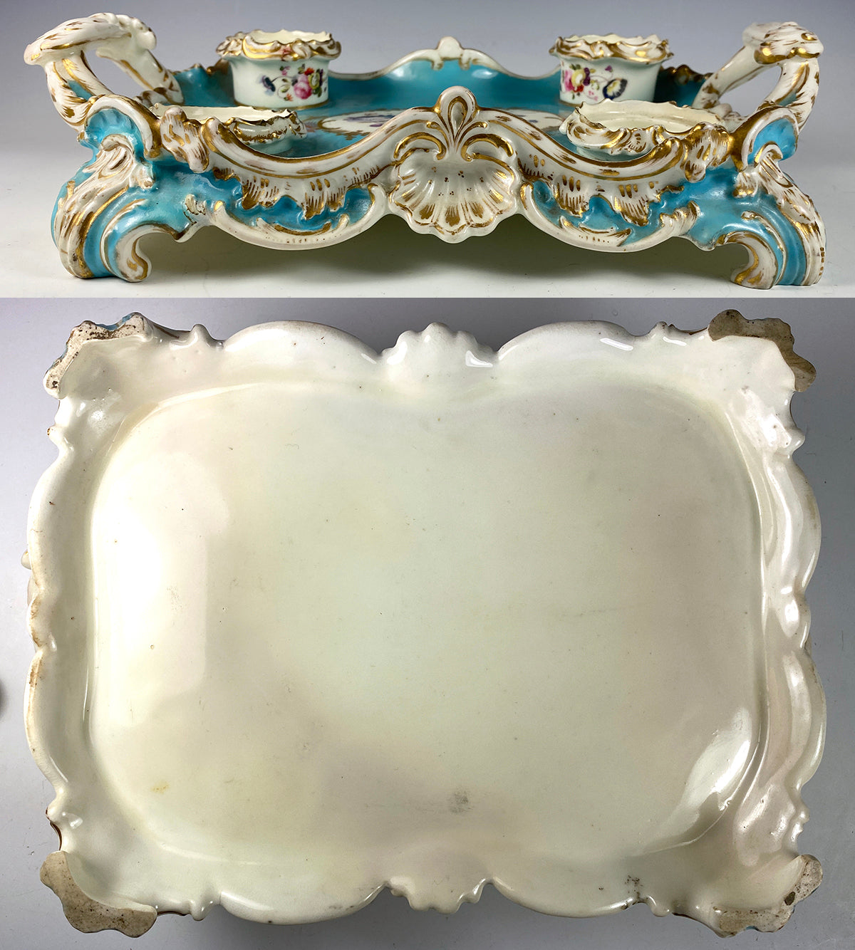 Antique French 19th c. French Old Paris Porcelain, Hand Painted Desk Ink Stand Inkwell Ink Well