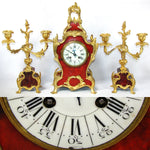 Rare Antique French Boulle Mantel Clock & Candelabra Garniture Set, Ornate Bronze Accenting