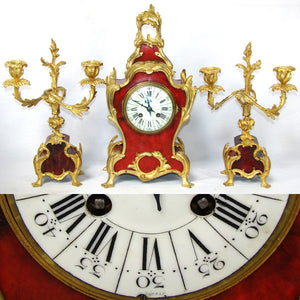 Rare Antique French Boulle Mantel Clock & Candelabra Garniture Set, Ornate Bronze Accenting