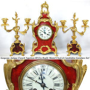 Rare Antique French Boulle Mantel Clock & Candelabra Garniture Set, Ornate Bronze Accenting