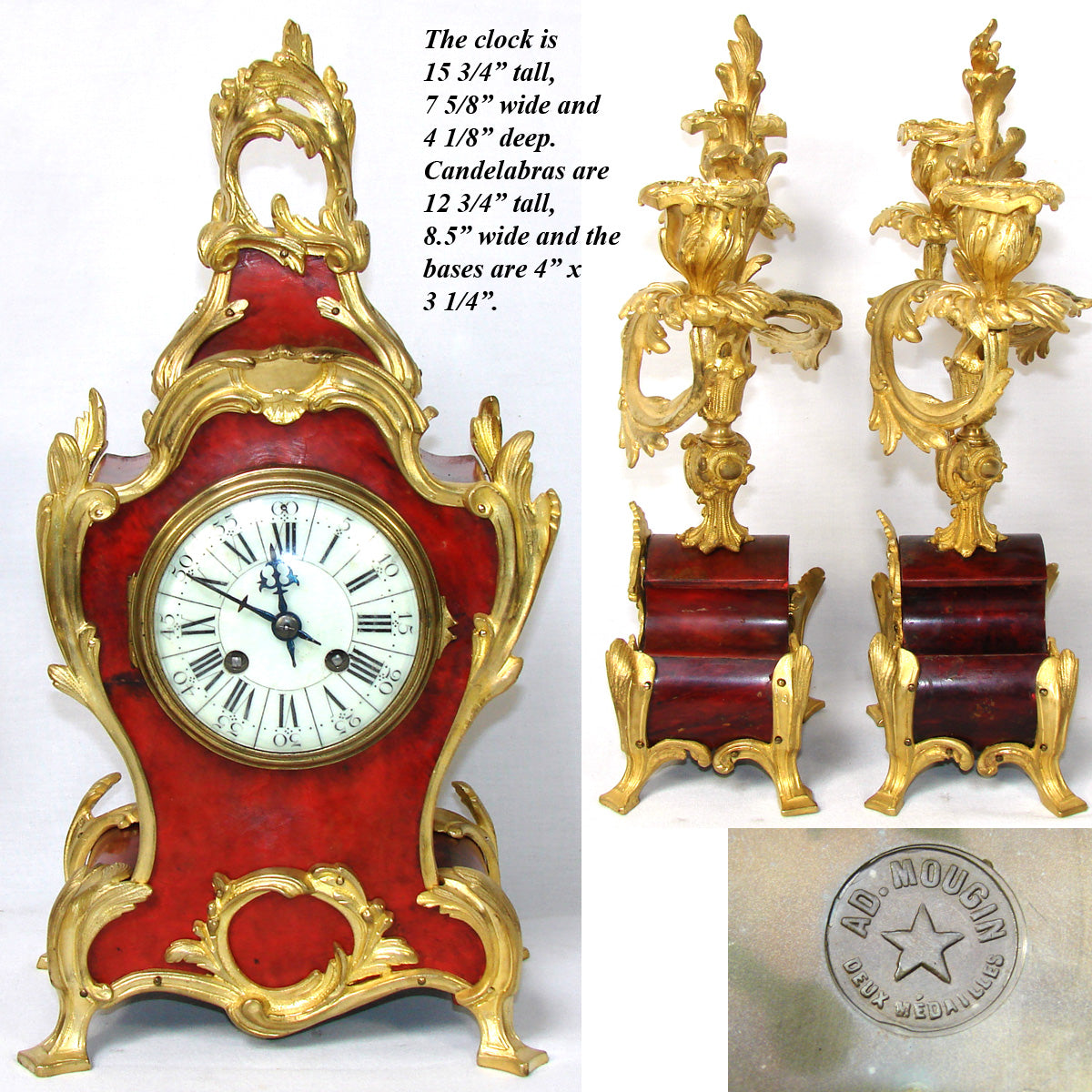 Rare Antique French Boulle Mantel Clock & Candelabra Garniture Set, Ornate Bronze Accenting