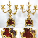 Rare Antique French Boulle Mantel Clock & Candelabra Garniture Set, Ornate Bronze Accenting