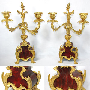 Rare Antique French Boulle Mantel Clock & Candelabra Garniture Set, Ornate Bronze Accenting