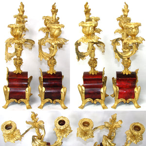 Rare Antique French Boulle Mantel Clock & Candelabra Garniture Set, Ornate Bronze Accenting