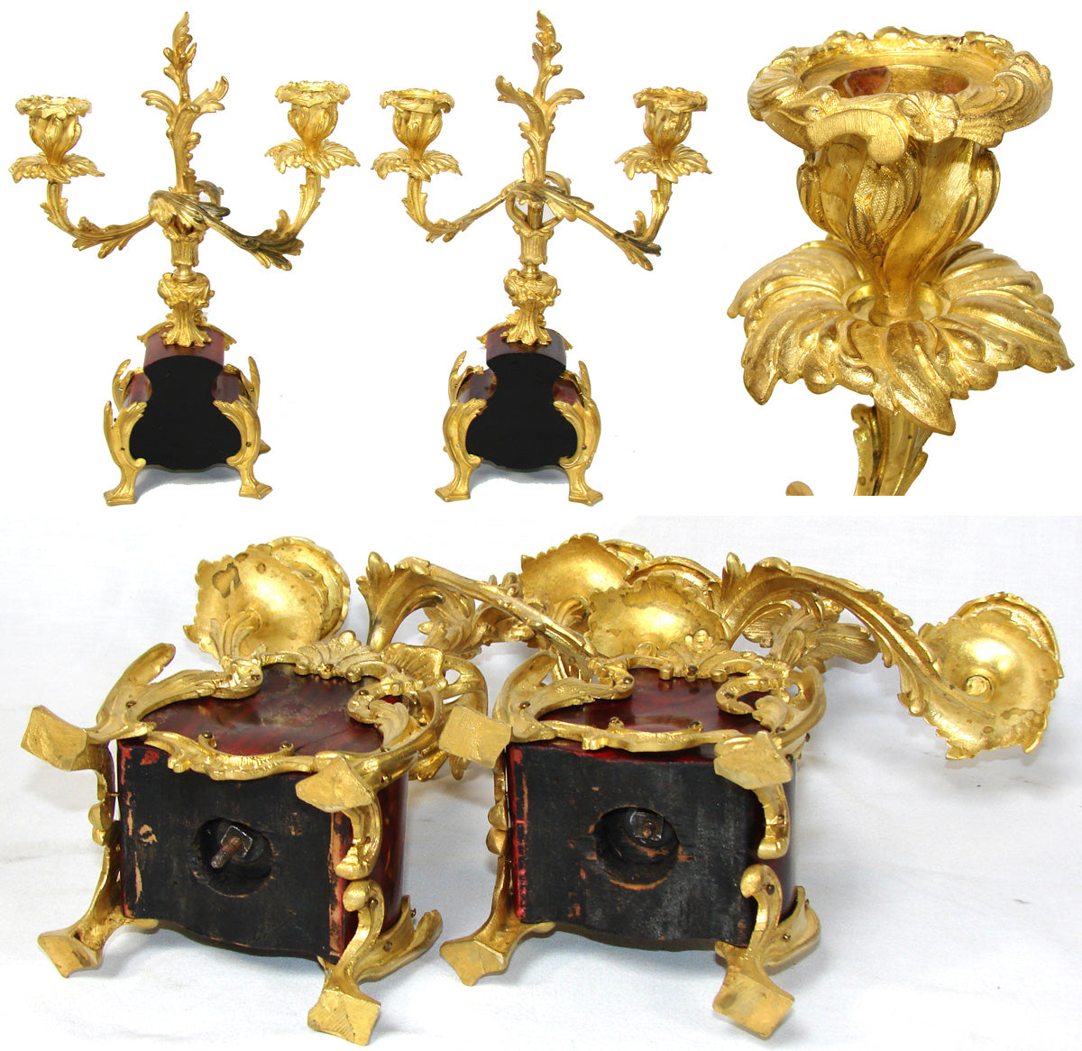 Rare Antique French Boulle Mantel Clock & Candelabra Garniture Set, Ornate Bronze Accenting