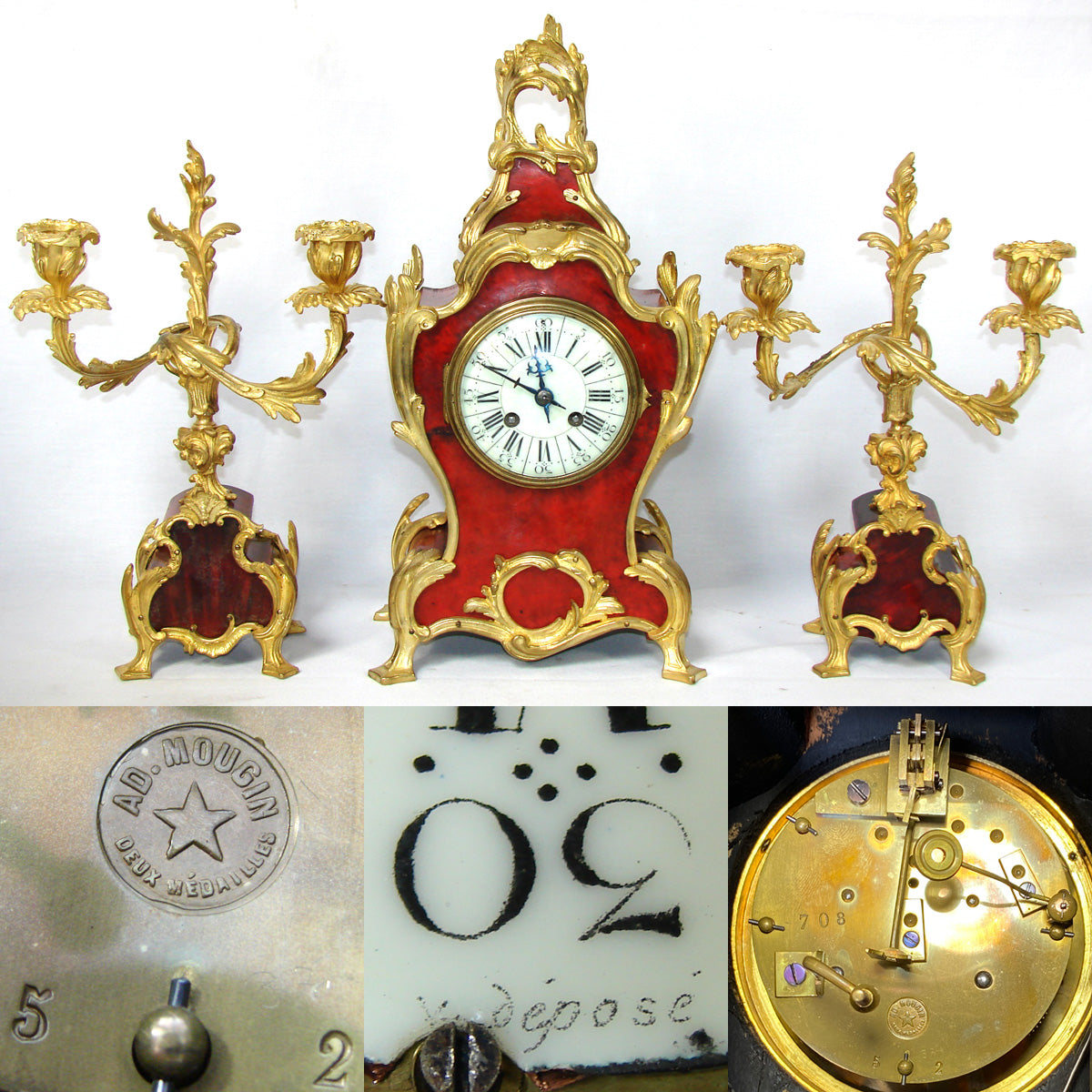 Rare Antique French Boulle Mantel Clock & Candelabra Garniture Set, Ornate Bronze Accenting