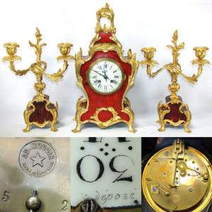 Rare Antique French Boulle Mantel Clock & Candelabra Garniture Set, Ornate Bronze Accenting