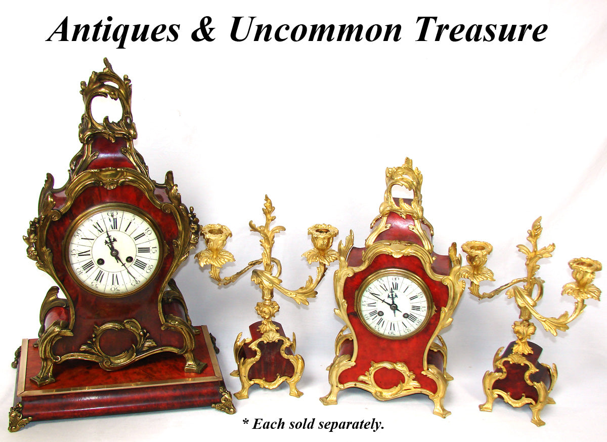 Rare Antique French Boulle Mantel Clock & Candelabra Garniture Set, Ornate Bronze Accenting