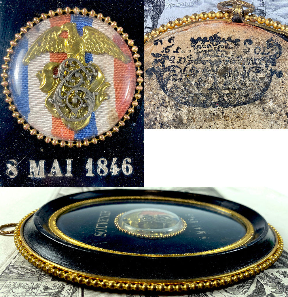 Antique French Napoleon III Framed Mourning Souvenir, Eagle and Monogram, 3 May, 1846