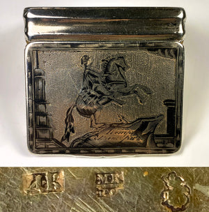 Rare c.1823 Russia Sterling Silver Niello Snuff Box, Moscow Marks, Horseman and Military, Flags