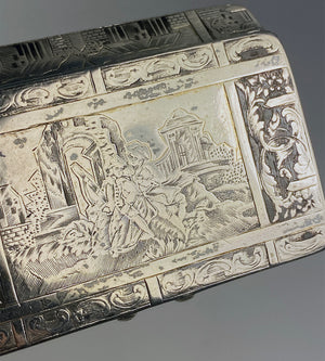Antique c.1826 Moscow Sterling Silver Niello Snuff Box, Nikolay Dubrovin Assay Mark,  Russian Soldiers