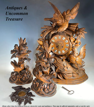 RARE 23" Superb Antique HC Swiss Black Forest Mantel Clock, Eagle, Rooster, Hen, Baskets