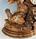 RARE 23" Superb Antique HC Swiss Black Forest Mantel Clock, Eagle, Rooster, Hen, Baskets