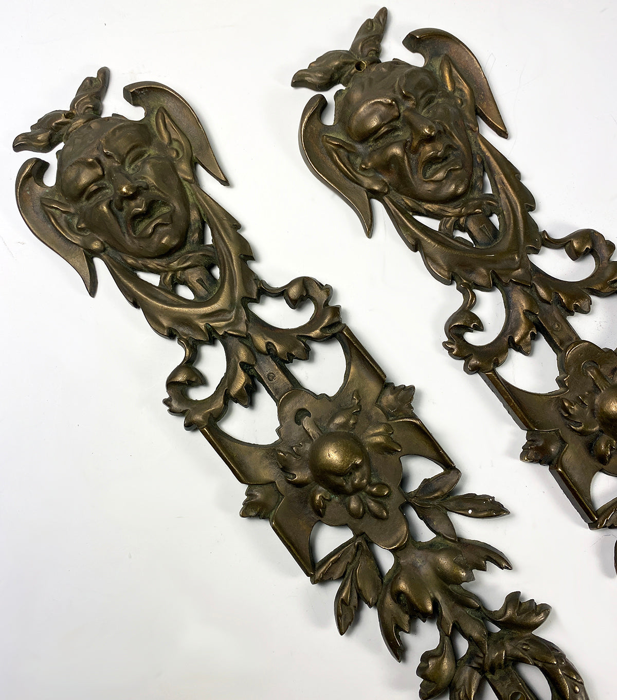 Antique French Pair Figural Neoclassical Cast Bronze 18.5" Tall Door or Furniture Ornaments