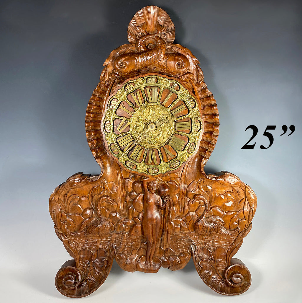 Antique French HC Wood 25" Wall or Mantle Clock, Louis XIV Dolphins, Nude and Swans, Shells