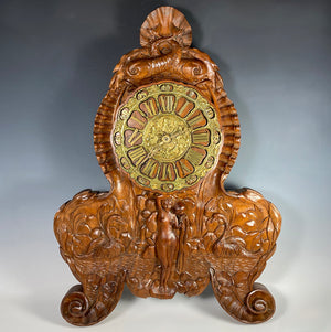 Antique French HC Wood 25" Wall or Mantle Clock, Louis XIV Dolphins, Nude and Swans, Shells