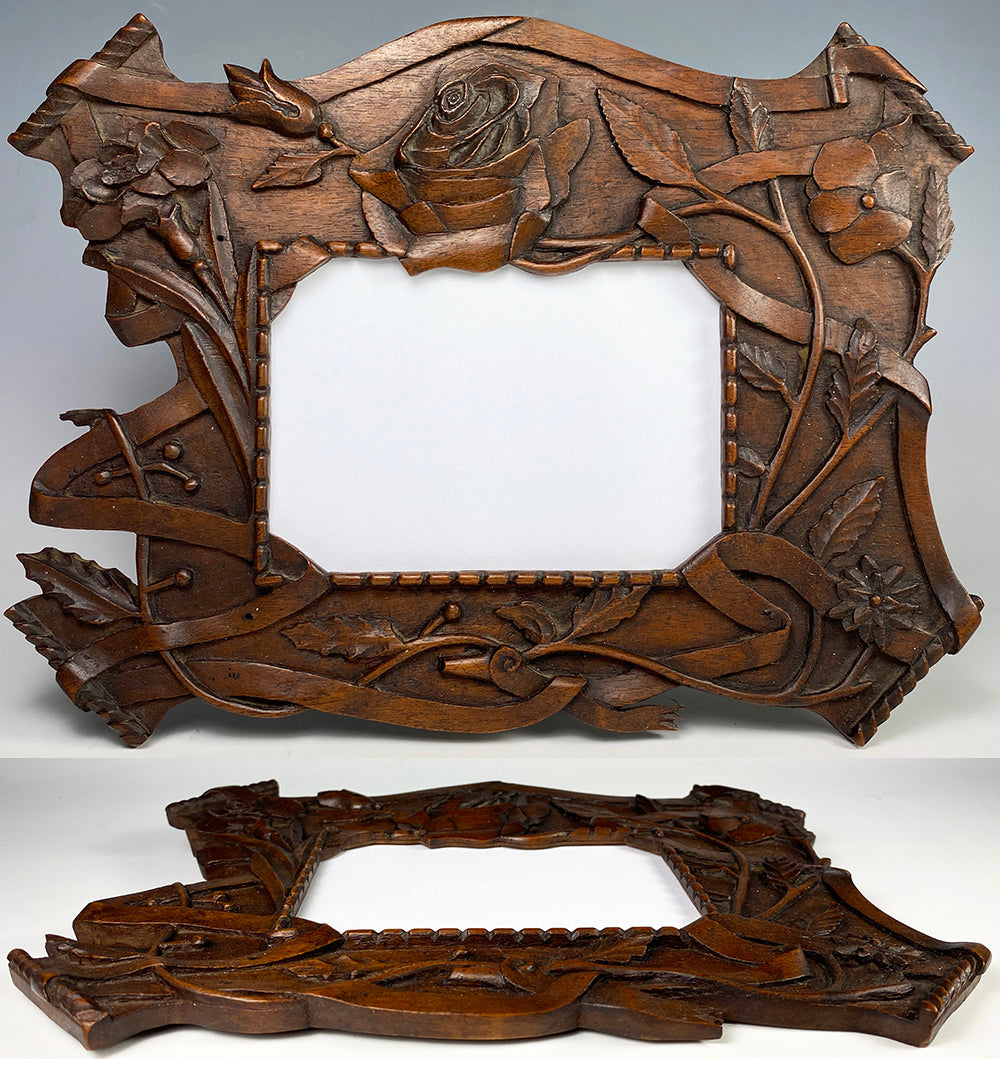 Antique Hand Carved French or Black Forest 10 3/8" x 8 5/8" Wall Frame, Floral and Ribbons