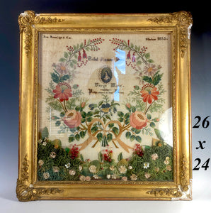 Fine Antique c.1855 French Embroidery Sampler, signed by 11-yr Old Girl, in Gesso, Wood Frame