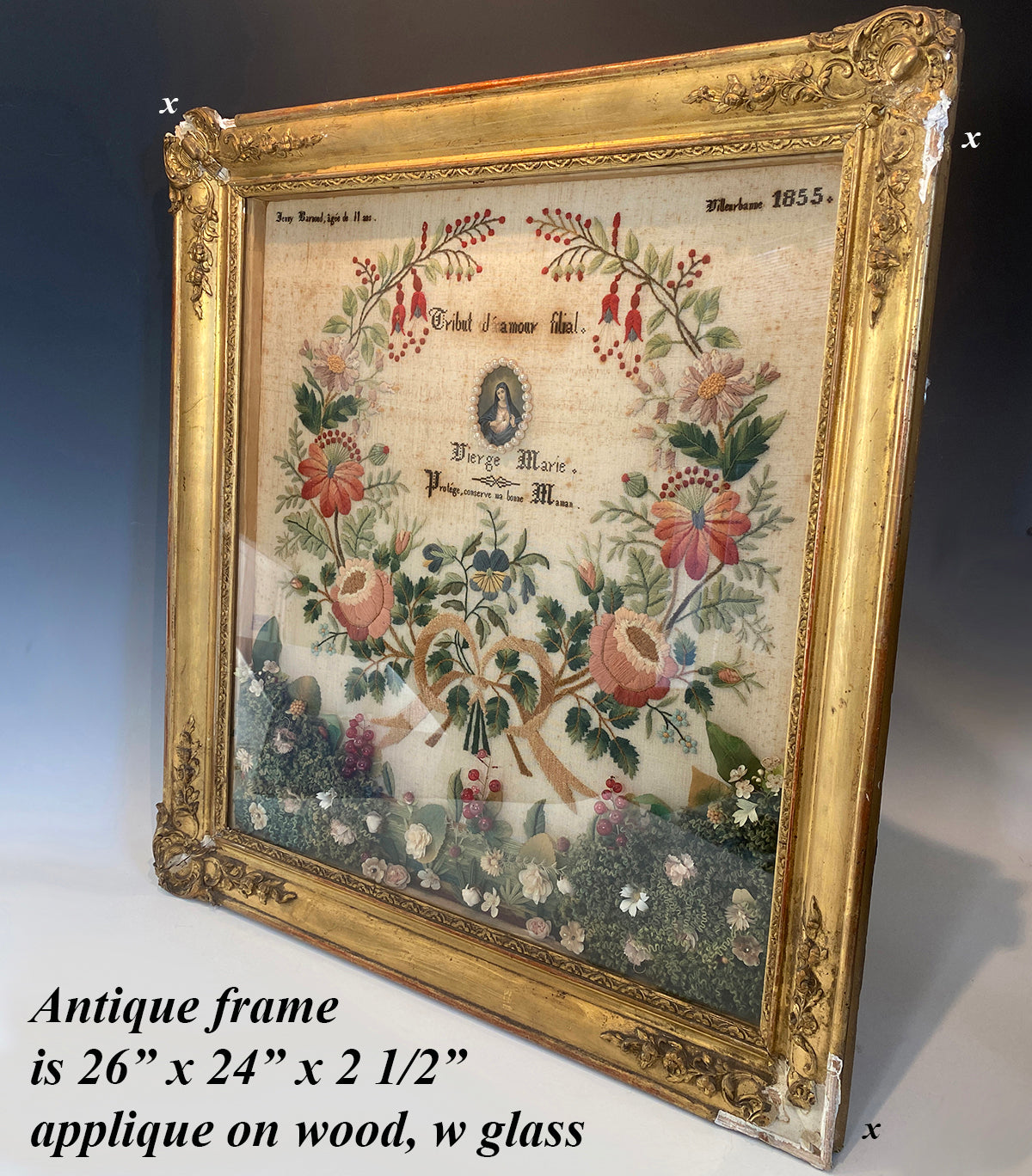 Fine Antique c.1855 French Embroidery Sampler, signed by 11-yr Old Girl, in Gesso, Wood Frame