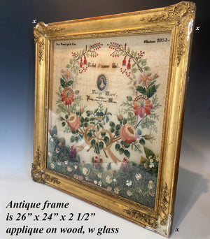 Fine Antique c.1855 French Embroidery Sampler, signed by 11-yr Old Girl, in Gesso, Wood Frame