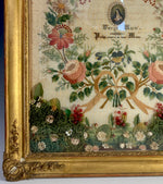 Fine Antique c.1855 French Embroidery Sampler, signed by 11-yr Old Girl, in Gesso, Wood Frame