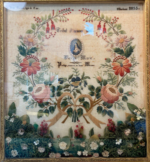 Fine Antique c.1855 French Embroidery Sampler, signed by 11-yr Old Girl, in Gesso, Wood Frame