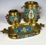 Antique French Smoker's or Desk Set, 3pc with Champleve Enamel on Heavy Bronze, Barbedienne?