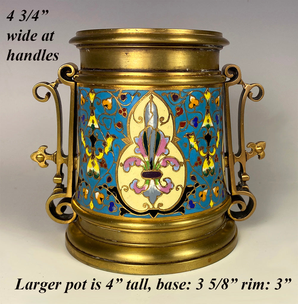 Antique French Smoker's or Desk Set, 3pc with Champleve Enamel on Heavy Bronze, Barbedienne?