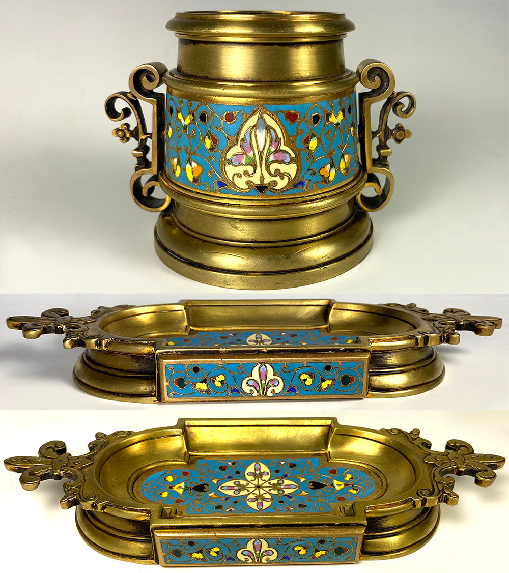 Antique French Smoker's or Desk Set, 3pc with Champleve Enamel on Heavy Bronze, Barbedienne?