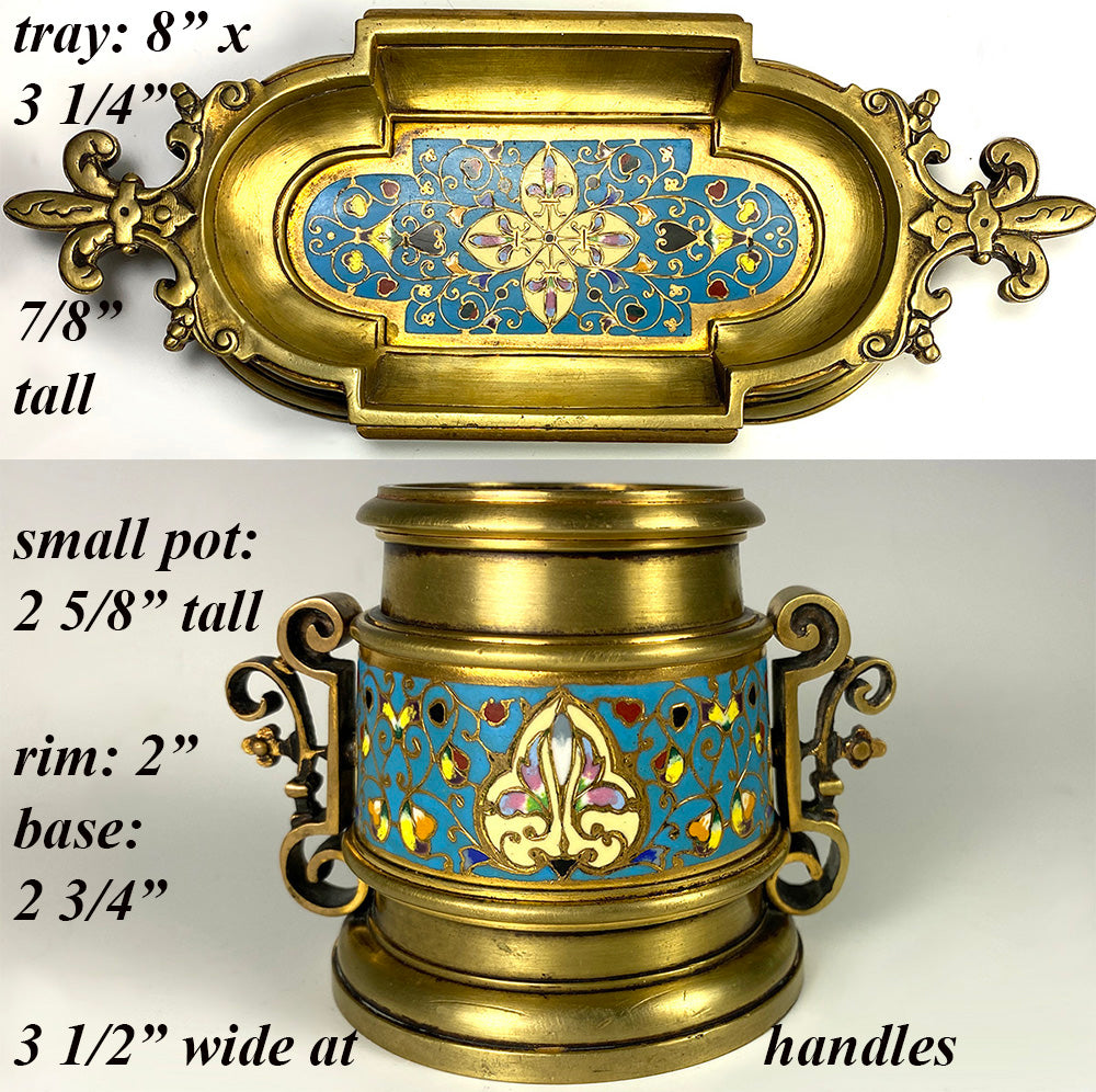 Antique French Smoker's or Desk Set, 3pc with Champleve Enamel on Heavy Bronze, Barbedienne?