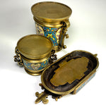 Antique French Smoker's or Desk Set, 3pc with Champleve Enamel on Heavy Bronze, Barbedienne?