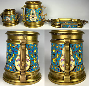 Antique French Smoker's or Desk Set, 3pc with Champleve Enamel on Heavy Bronze, Barbedienne?