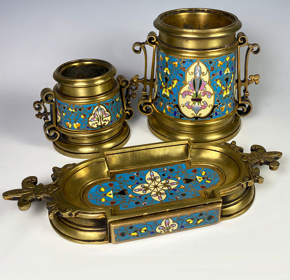 Antique French Smoker's or Desk Set, 3pc with Champleve Enamel on Heavy Bronze, Barbedienne?