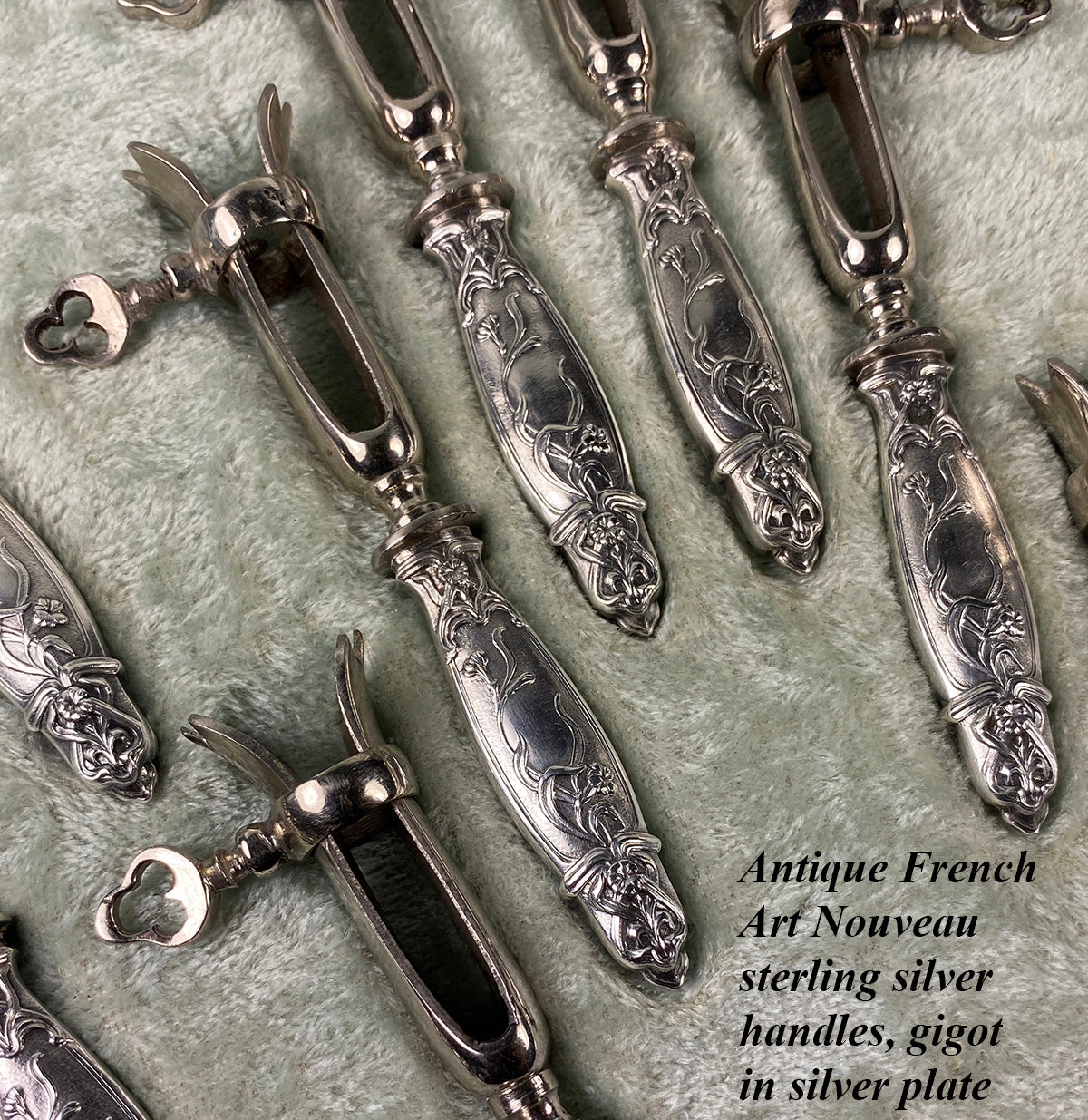 Antique French Sterling Silver Art Nouveau Pattern Chop Gigot Set of 12 in Original Box