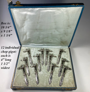 Antique French Sterling Silver Art Nouveau Pattern Chop Gigot Set of 12 in Original Box