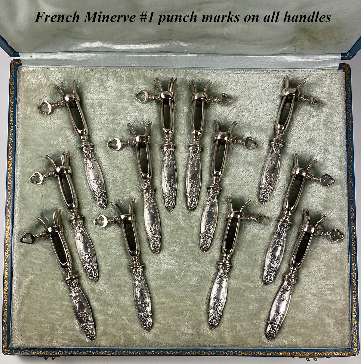 Antique French Sterling Silver Art Nouveau Pattern Chop Gigot Set of 12 in Original Box