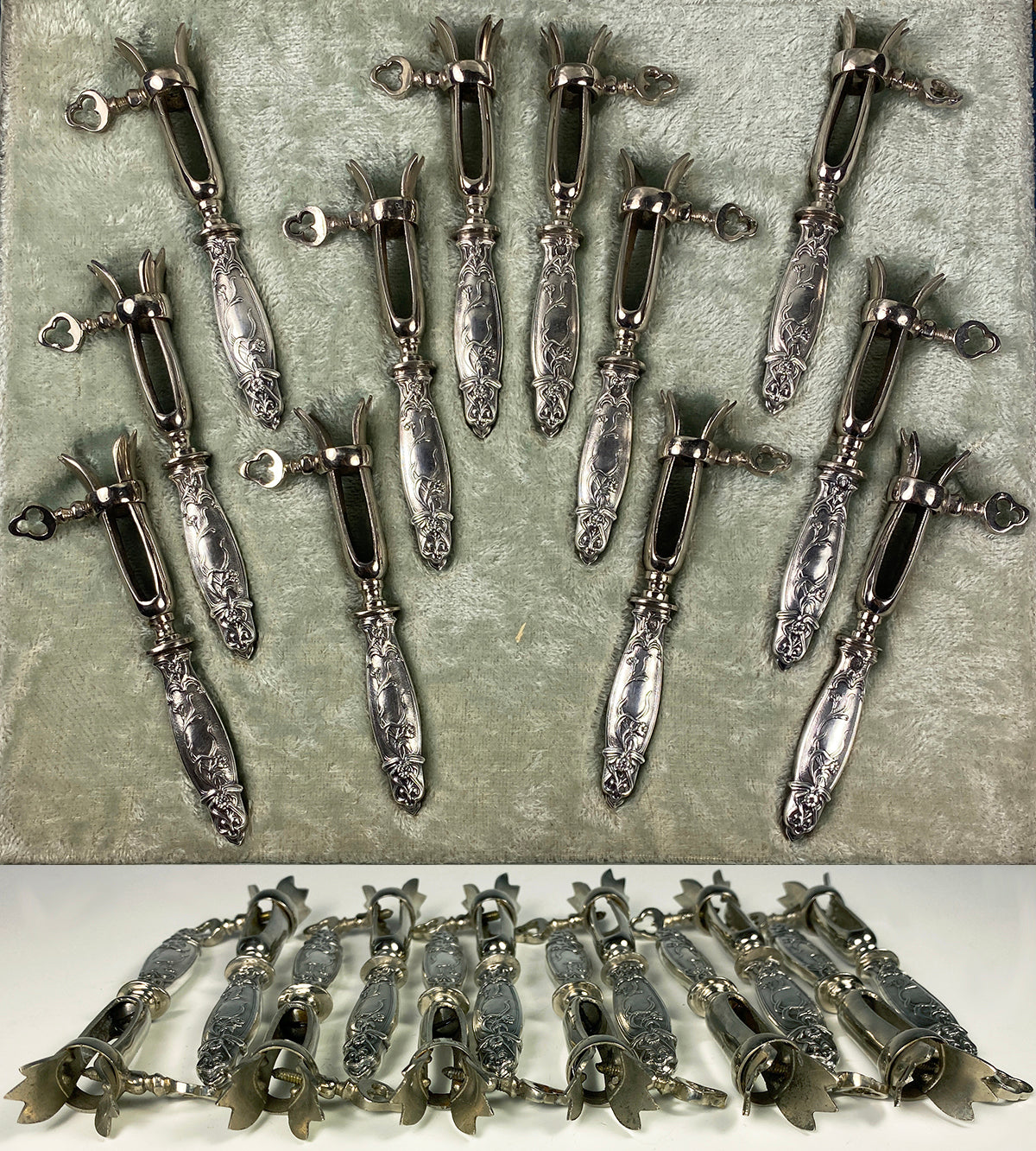 Antique French Sterling Silver Art Nouveau Pattern Chop Gigot Set of 12 in Original Box