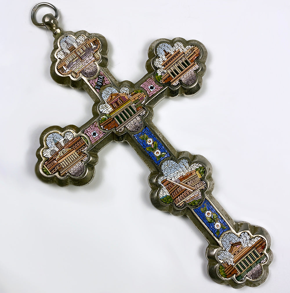 Antique Grand Tour Souvenir of Rome, Micro Mosaic Cross w 6 Architectural Mosaics