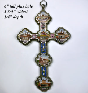Antique Grand Tour Souvenir of Rome, Micro Mosaic Cross w 6 Architectural Mosaics