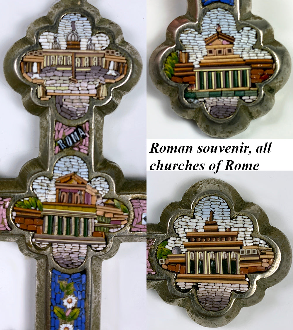 Antique Grand Tour Souvenir of Rome, Micro Mosaic Cross w 6 Architectural Mosaics