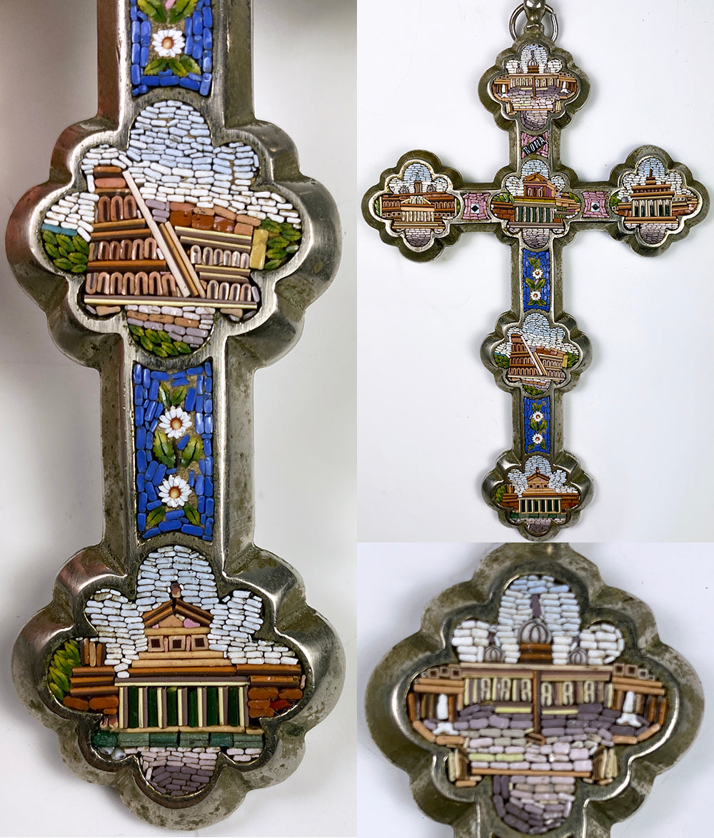 Antique Grand Tour Souvenir of Rome, Micro Mosaic Cross w 6 Architectural Mosaics