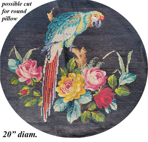 Big Antique Victorian to Edwardian Era Needlepoint Panel with Parrot and Flower Garland