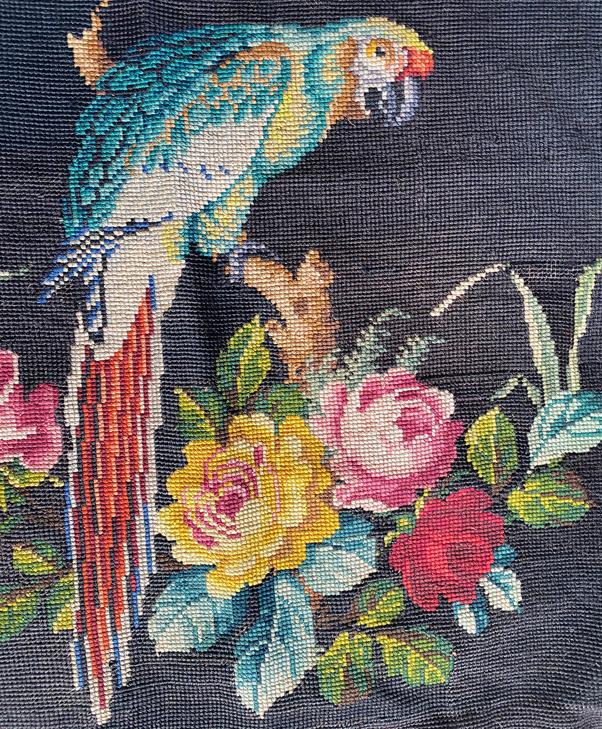 Big Antique Victorian to Edwardian Era Needlepoint Panel with Parrot and Flower Garland