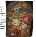 Superb Antique Victorian Needlepoint Panel, Cabbage Roses, Flowers, Parrot for Pillow