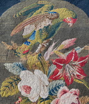 Superb Antique Victorian Needlepoint Panel, Cabbage Roses, Flowers, Parrot for Pillow